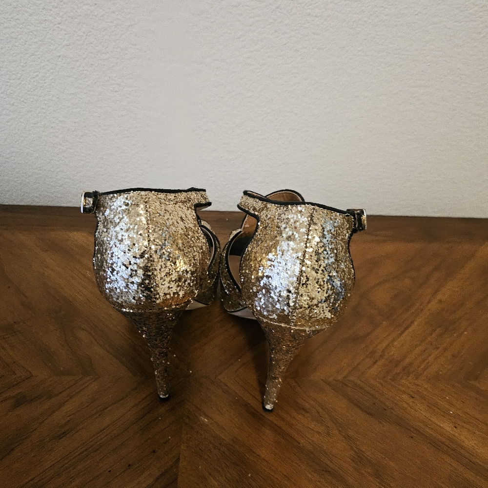 ELLE PLATFORM STRAPPY SANDALS BLACK/GOLD SEQUIN SIZE 7M - Picture 5 of 5